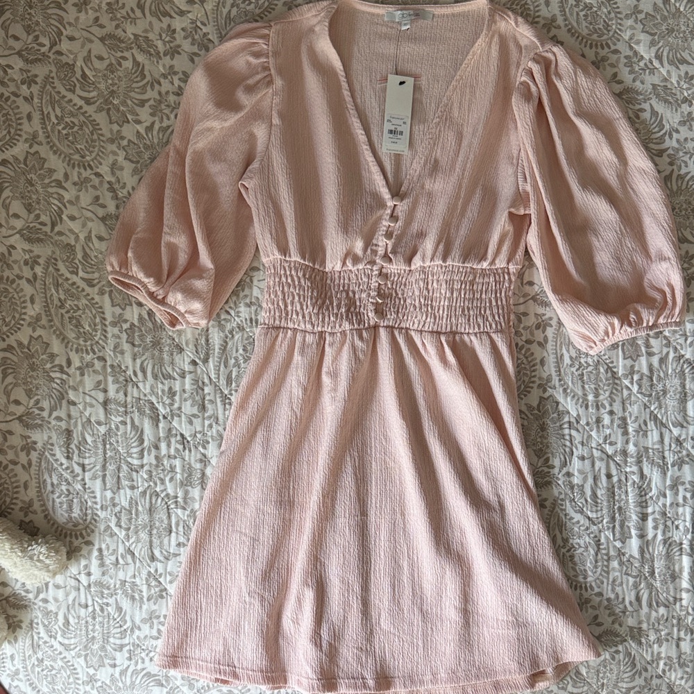 Pink V-Neck Dress with Puff Sleeves
